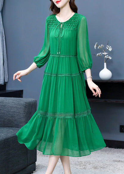Green Ruffled Patchwork Hollow Out Silk Maxi Dress Bracelet Sleeve