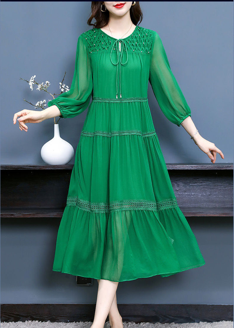 Green Ruffled Patchwork Hollow Out Silk Maxi Dress Bracelet Sleeve