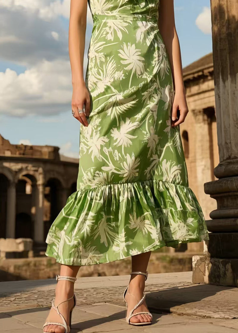 Green Ruffled Print Silk Long Dresses Summer