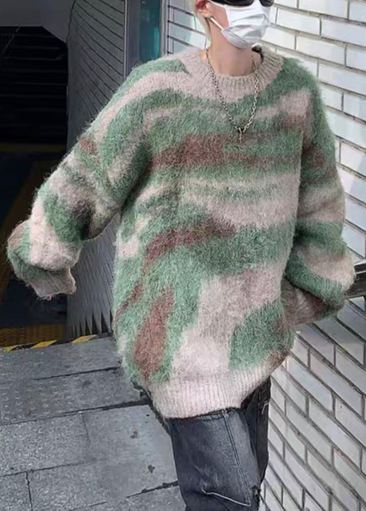 Green Striped Patchwork Knit Sweaters Winter