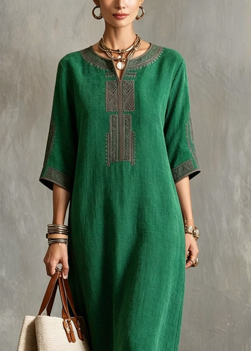 Green V Neck Patchwork Silk Long Dresses Half Sleeve