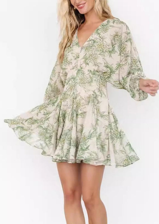 Green V Neck Print Chiffon Mid Dress Long Sleeve