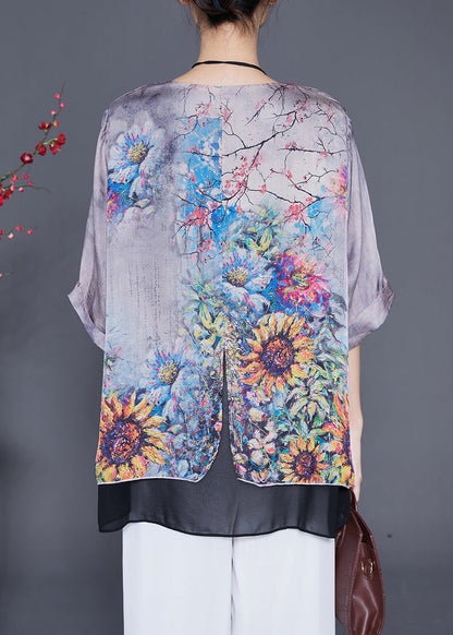 Grey Oversized Patchwork Print Silk Shirts Summer