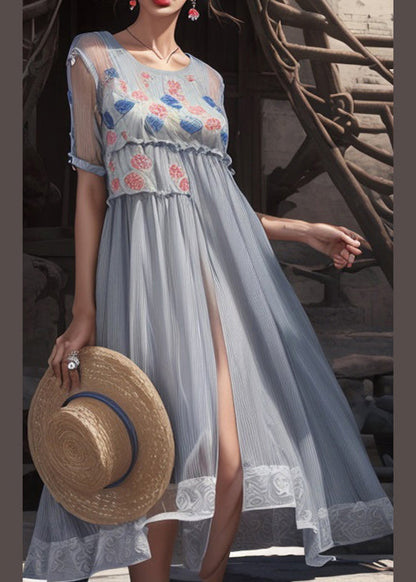 Grey Print Side Open Cotton Long Dresses Summer