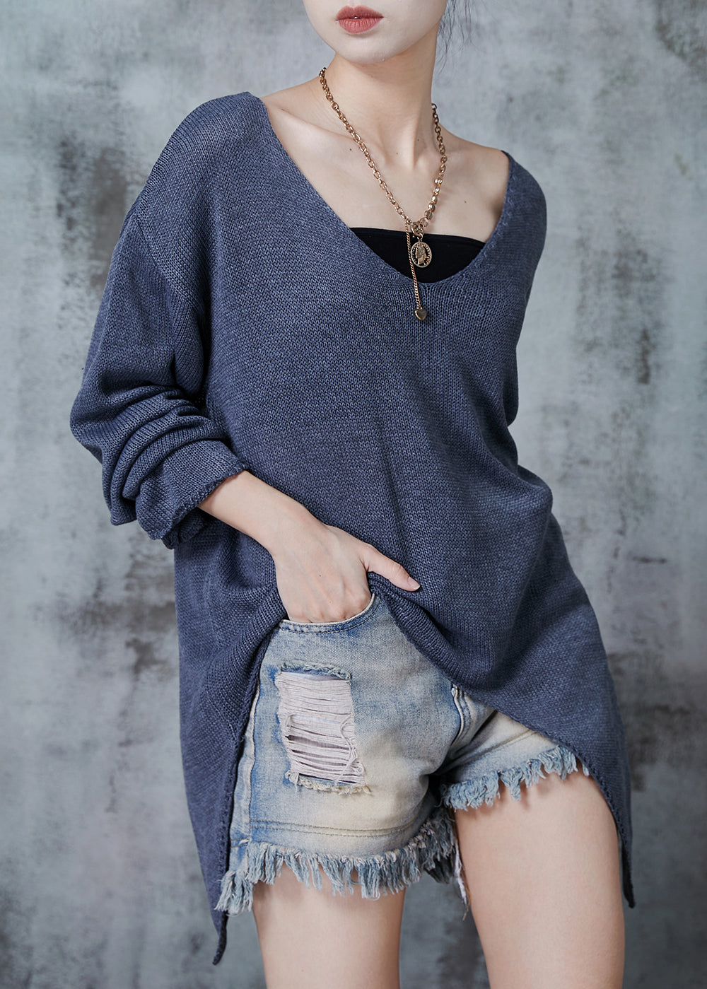 Grey V Neck Asymmetrical Design Knit Sweaters Spring