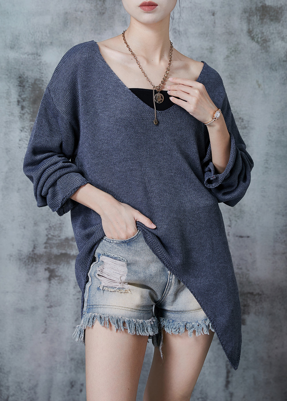Grey V Neck Asymmetrical Design Knit Sweaters Spring
