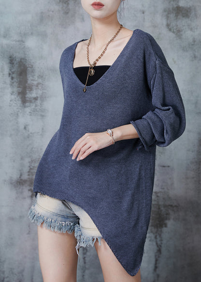 Grey V Neck Asymmetrical Design Knit Sweaters Spring