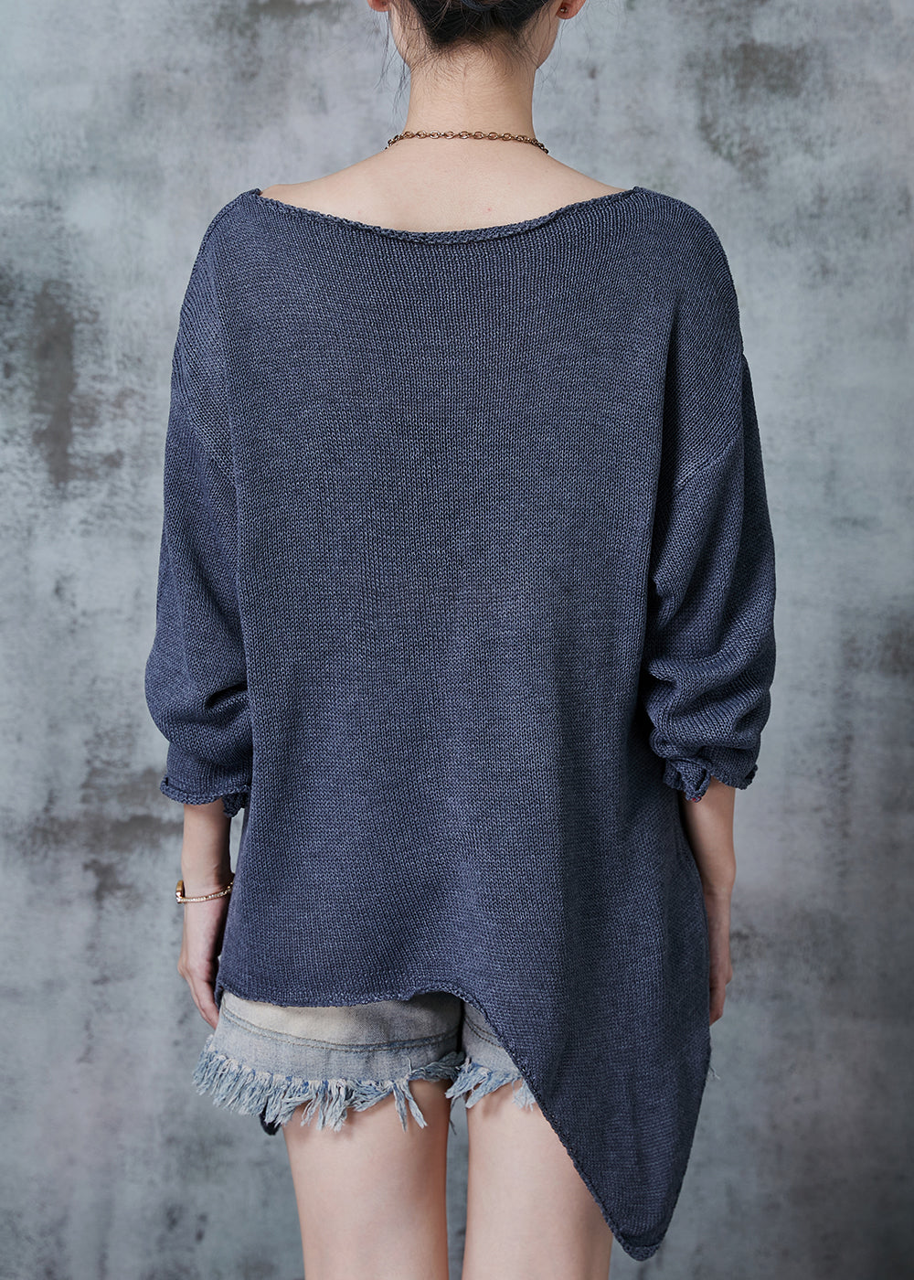 Grey V Neck Asymmetrical Design Knit Sweaters Spring