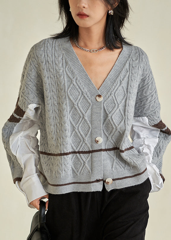 Grey V Neck Button Cotton Knit Top Fall