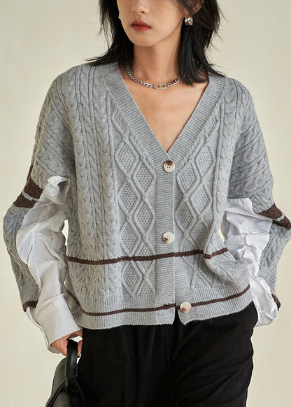 Grey V Neck Button Cotton Knit Top Fall