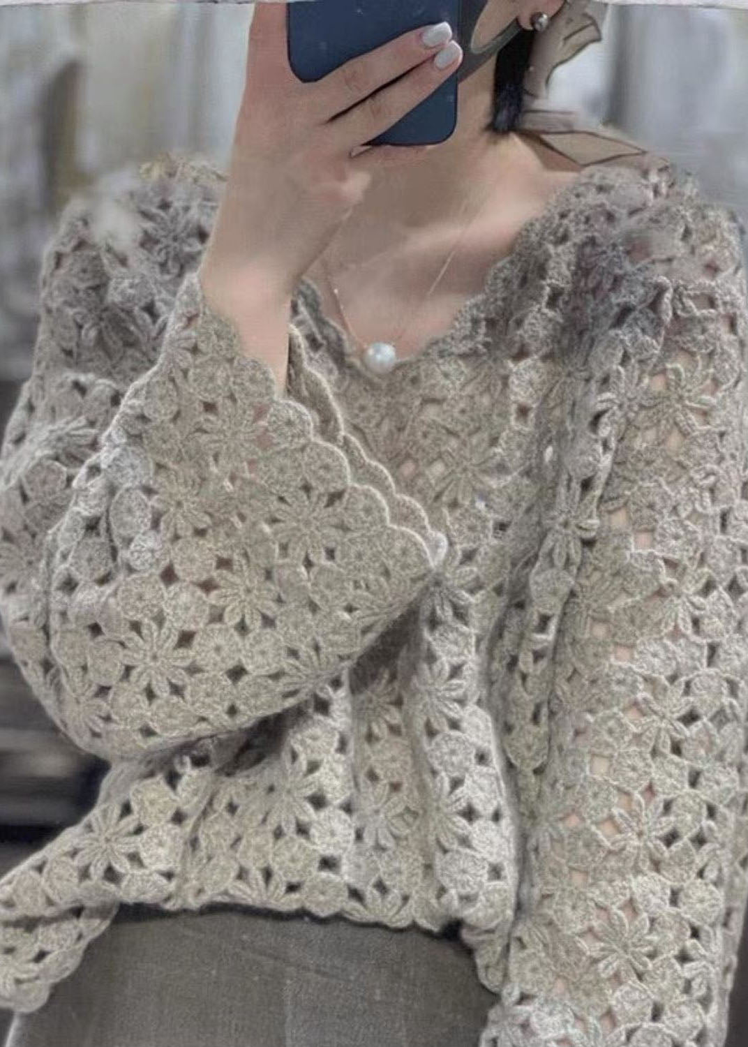 Grey V Neck Hollow Out Knit Tops Fall