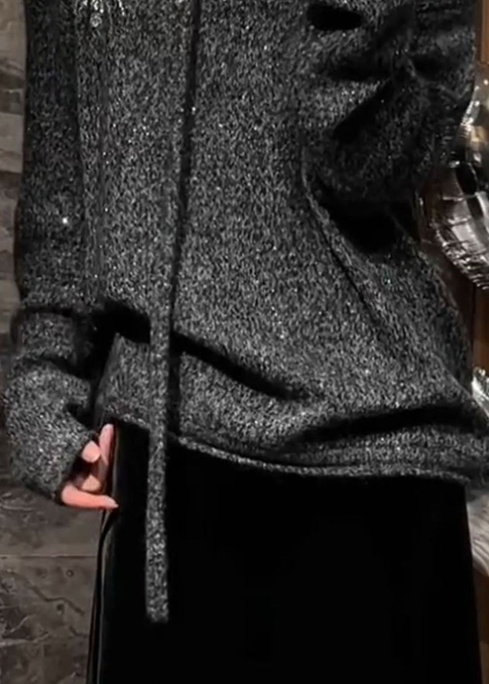 Grey V Neck Sequins Cotton Knit Sweater Spring