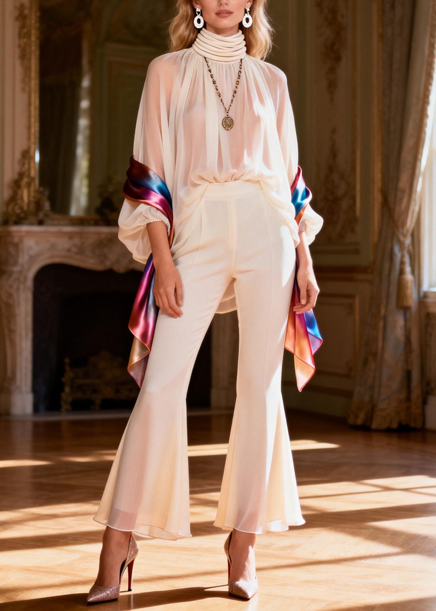 Hign Neck Patchwork Silk Sets 2 Pieces Spring