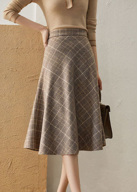 Khaki High Waist Plaid Romantic Fall Woolen Skirt