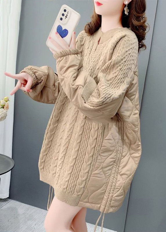 Khaki O-neck Oversized Cotton Filled Patchwork Drawstring Long Sweater Winter