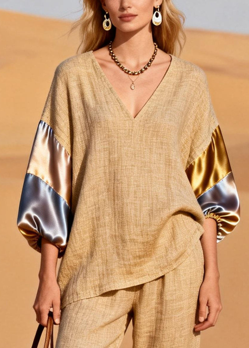 Khaki Oversized Patchwork Linen Two Pieces Set Spring