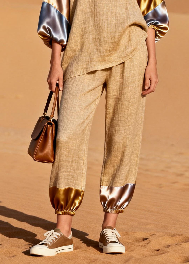 Khaki Oversized Patchwork Linen Two Pieces Set Spring