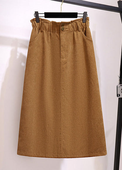 Khaki Pockets Elastic Waist Patchwork Corduroy Skirts Fall