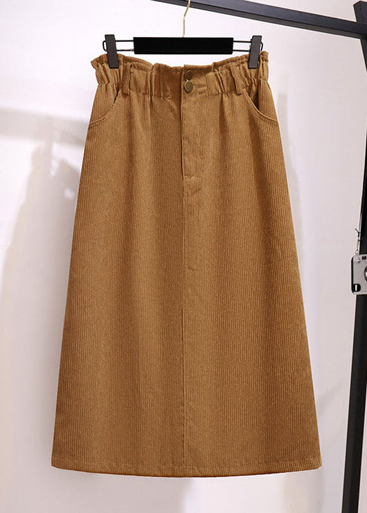 Khaki Pockets Elastic Waist Patchwork Corduroy Skirts Fall