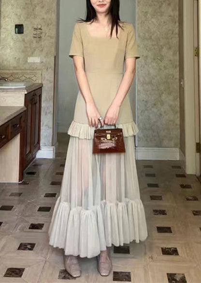 Khaki Square Collar Ruffled Patchwork Cotton Long Dresses Summer