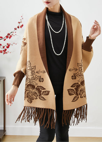 Khaki Tasseled Print Knit Loose Coat Fall