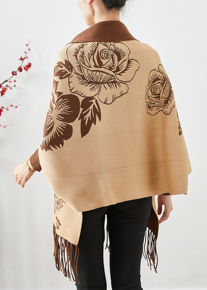 Khaki Tasseled Print Knit Loose Coat Fall