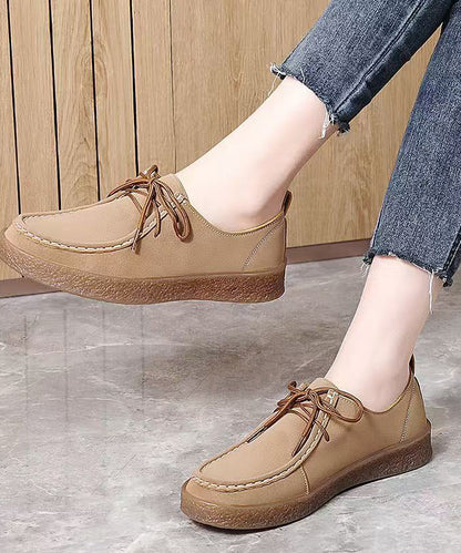 Lace Up Flat Feet Shoes Brown Faux Leather