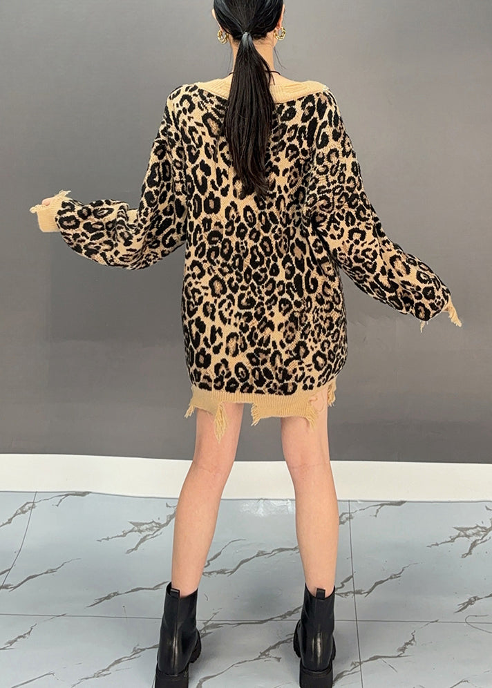 Leopard V Neck Thick Print Hollow Out Cotton Knit Sweaters Winter