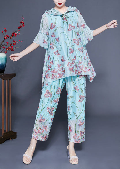 Light Blue Hooded Ruffled Embroideried Silk Two Pieces Set Flare Sleeve