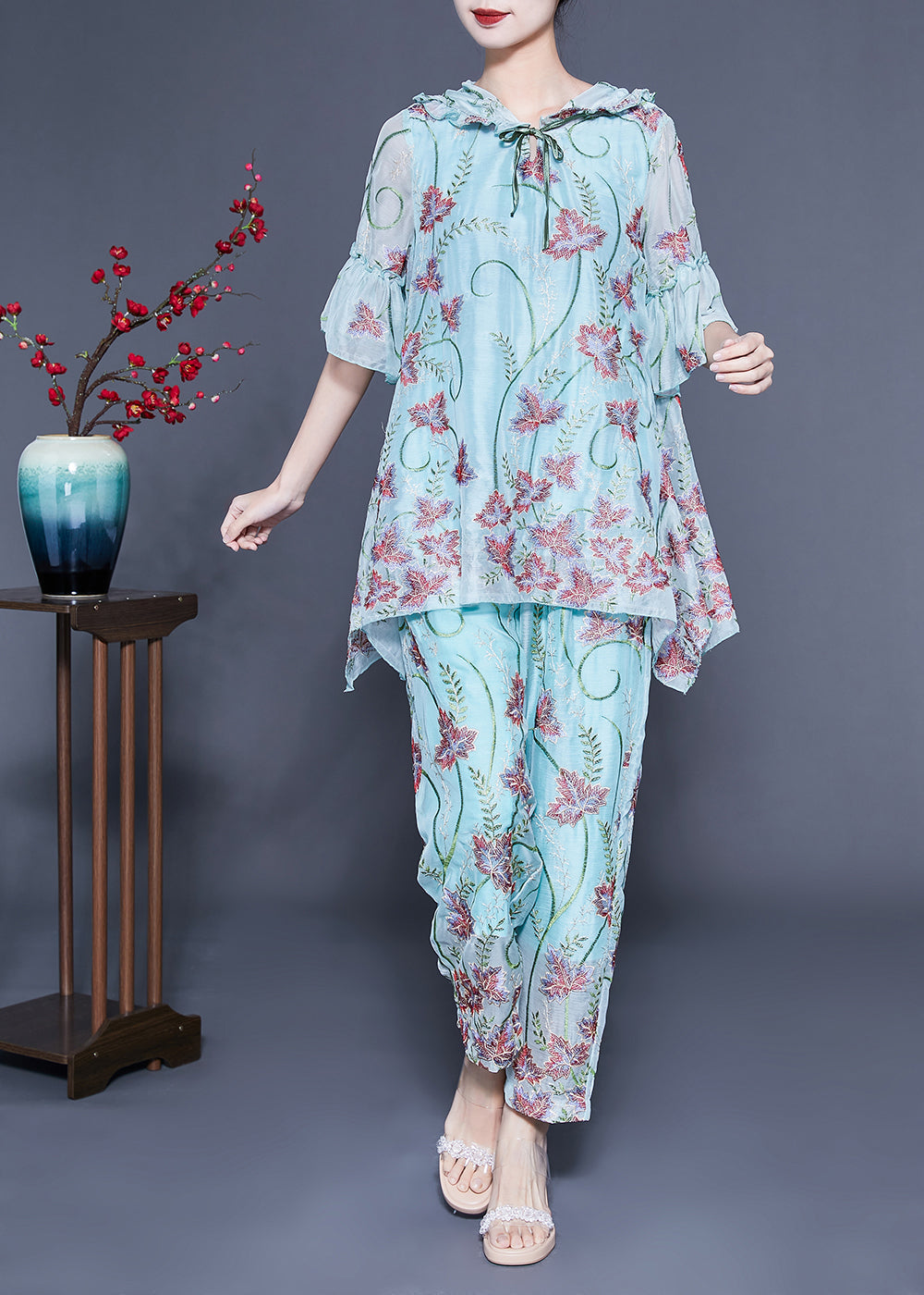Light Blue Hooded Ruffled Embroideried Silk Two Pieces Set Flare Sleeve