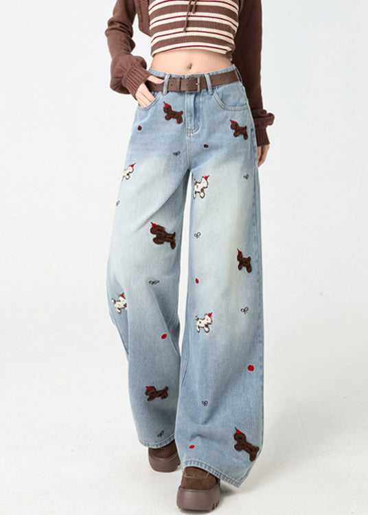 Light Blue Little Dogs Embroidered High Waist Warm Fleece Jeans Spring