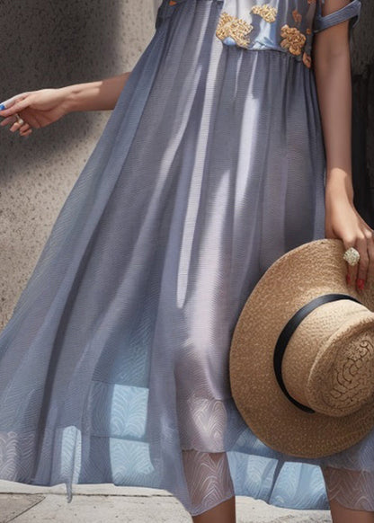 Light Blue O Neck Print Patchwork Silk Long Dresses Summer