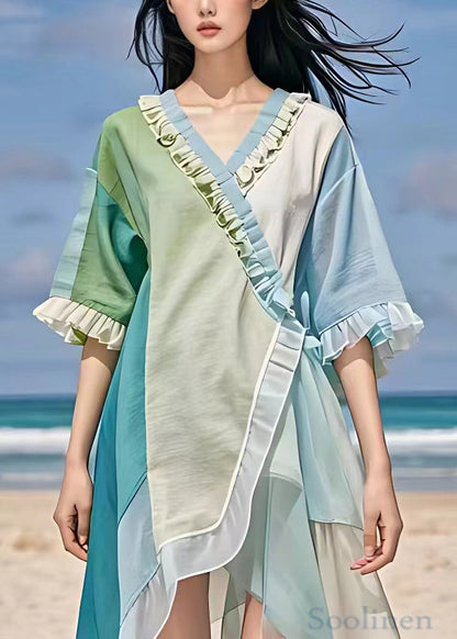Light Blue V Neck Ruffled Chiffon Dress Summer