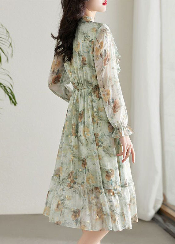 Light Green Cinched Patchwork Print Chiffon Dress Spring