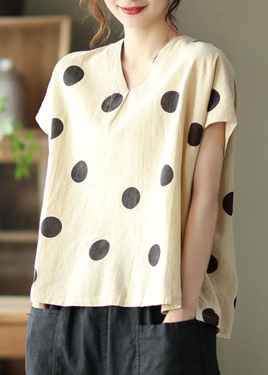 Light Khaki V Neck Print Patchwork Linen T Shirt Tops Summer