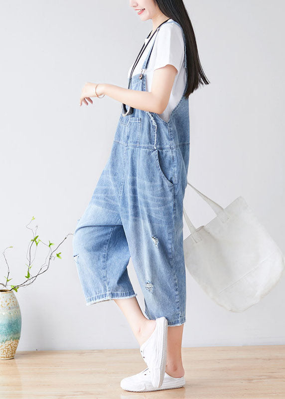 Light Blue Hole Pockets Cowboy Jumpsuits Spring