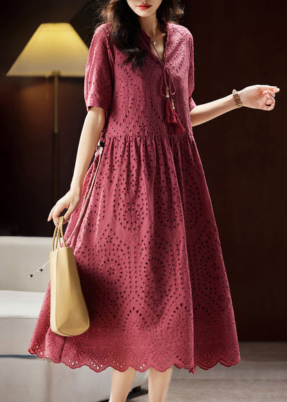 Mulberry V Neck Hollow Out Sashes Cotton Maxi Dress Short Sleeve