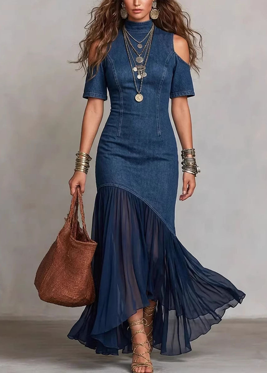 Navy Cold Shoulder Tulle Patchwork Denim Dress Summer