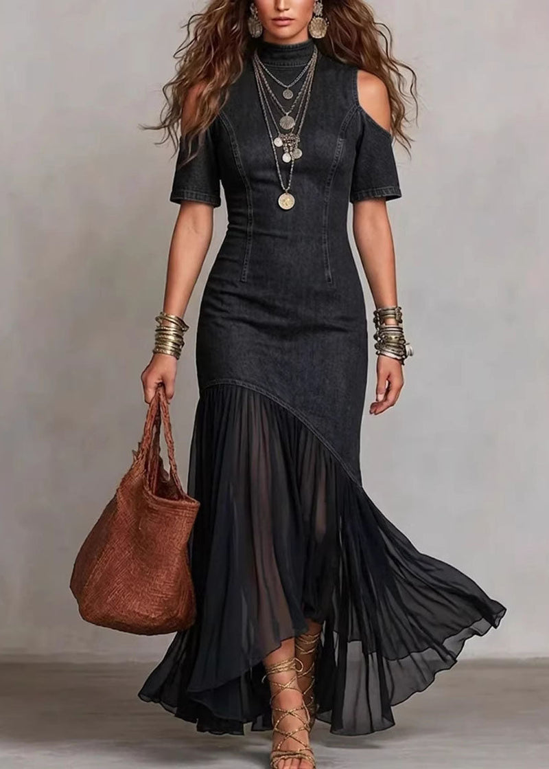 Navy Cold Shoulder Tulle Patchwork Denim Dress Summer