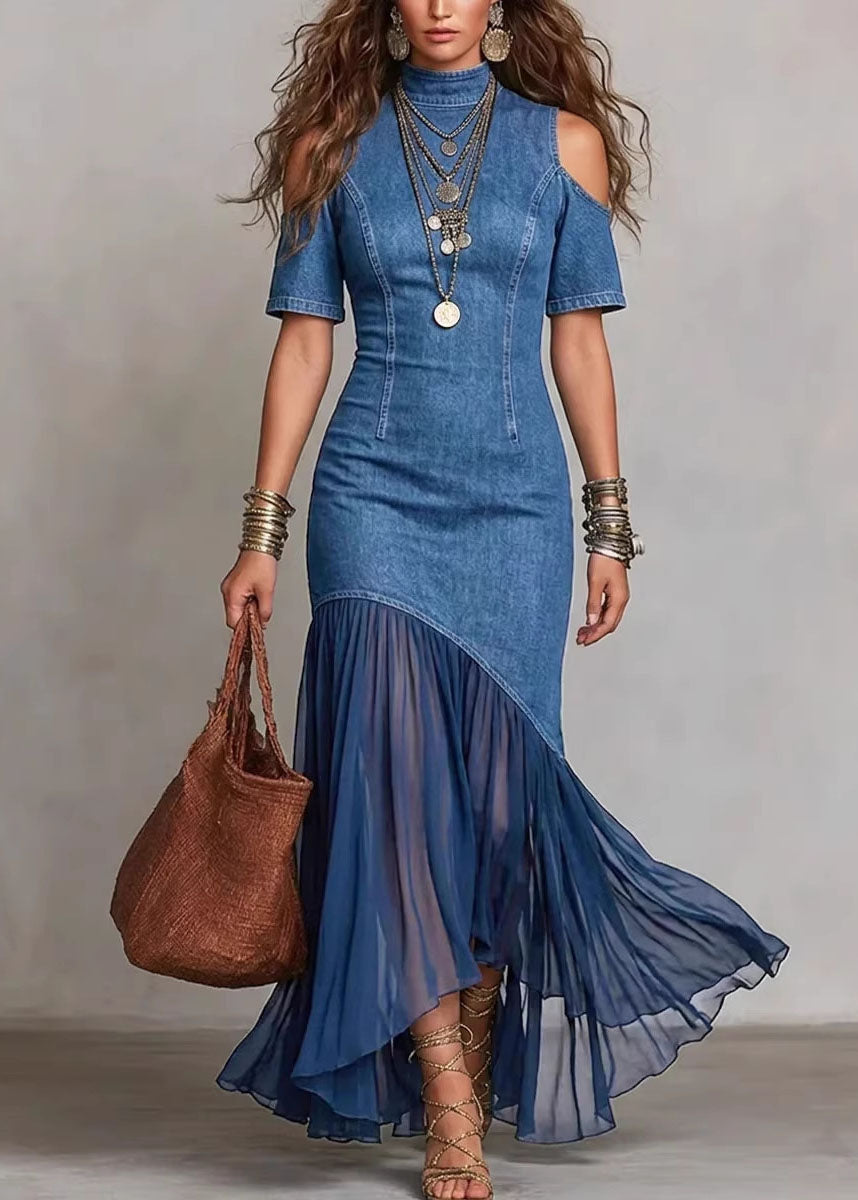 Navy Cold Shoulder Tulle Patchwork Denim Dress Summer
