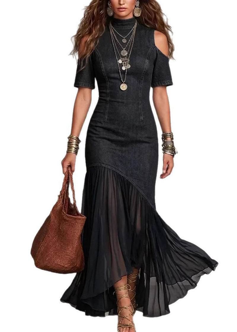 Navy Cold Shoulder Tulle Patchwork Denim Dress Summer