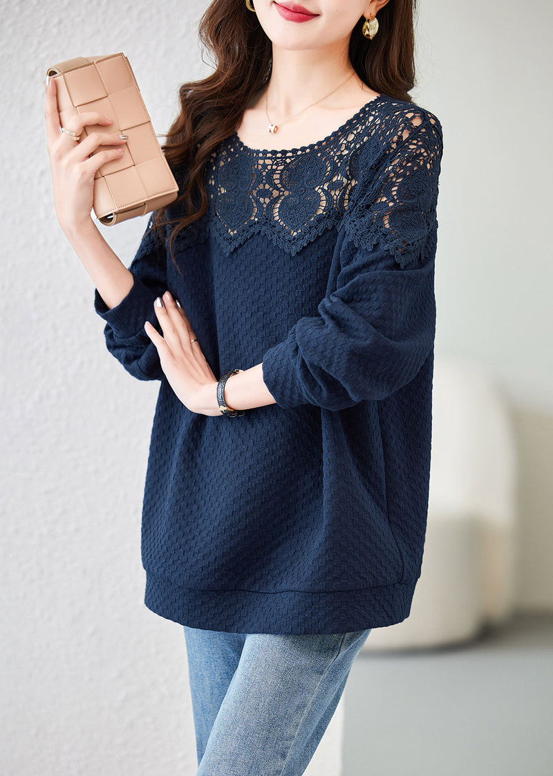Navy Embroidered Hollow Out Cotton Tops Spring