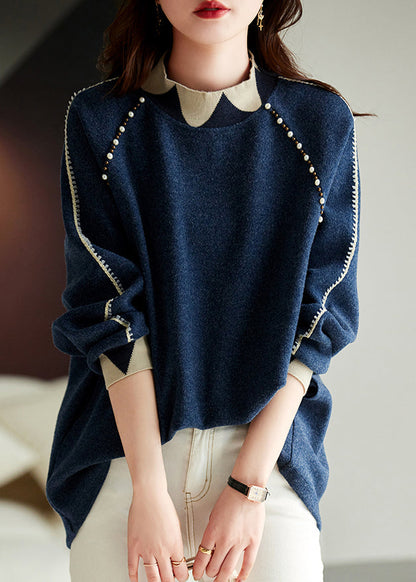 Navy Nail Bead Thick Patchwork Woolen Knitted Tops Winter