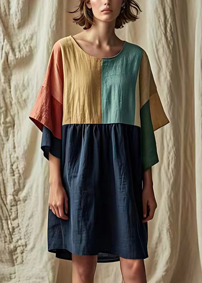 Navy O Neck Patchwork Linen Dress Half Sleeve