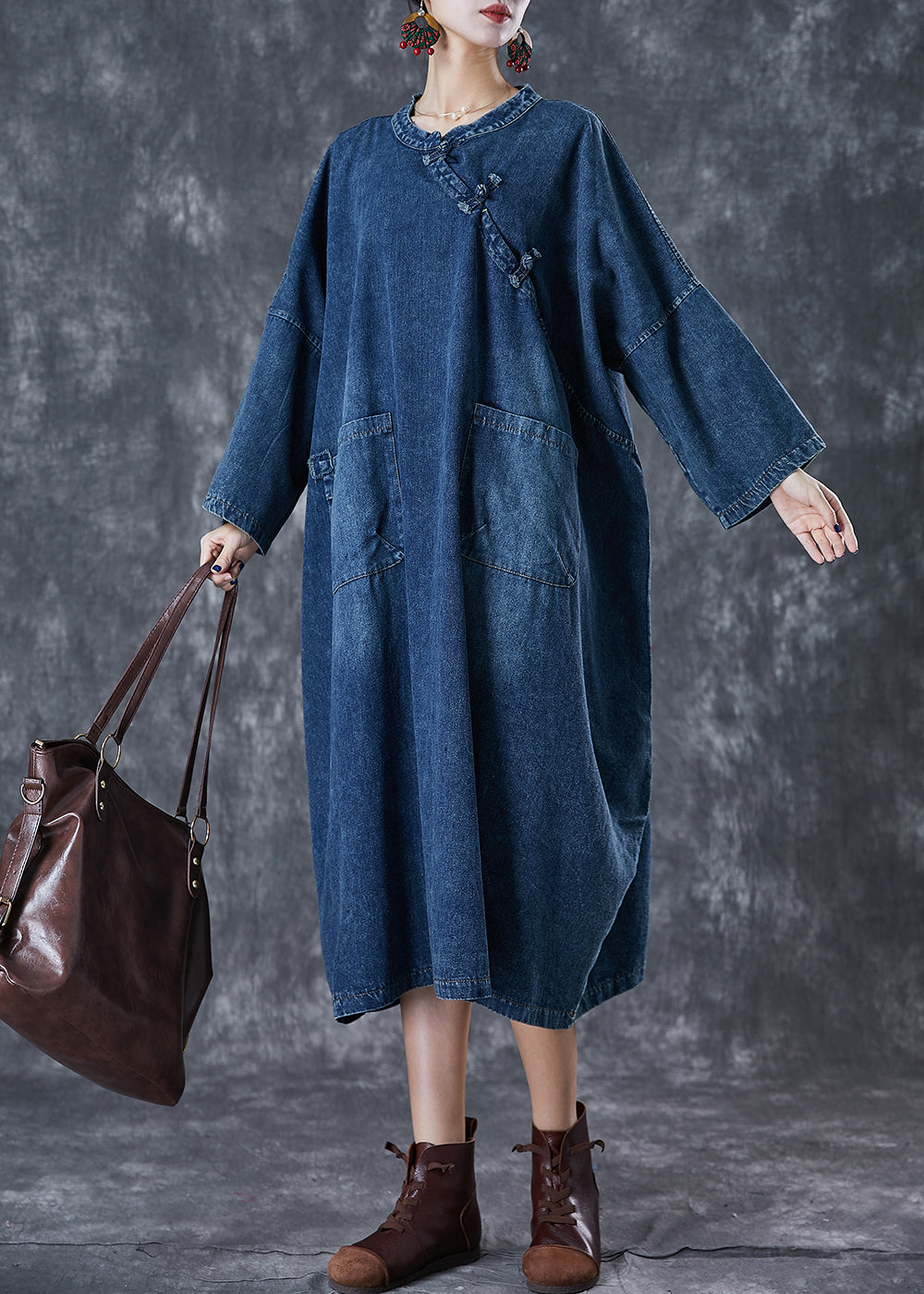 Navy Oversized Chinese Button Denim Maxi Dress Fall