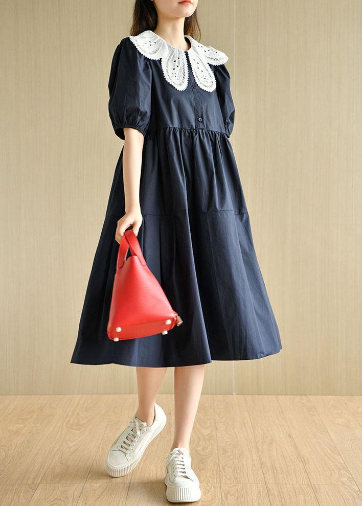 Navy Peter Pan Collar Patchwork Summer Cotton Dresses Short Sleeve
