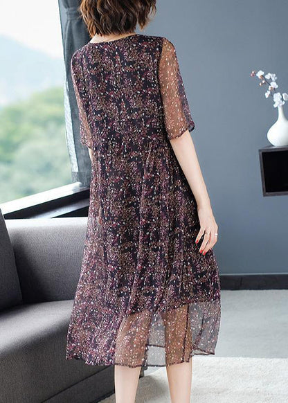 O-neck Print Wrinkled Silk Long Dresses Short Sleeve
