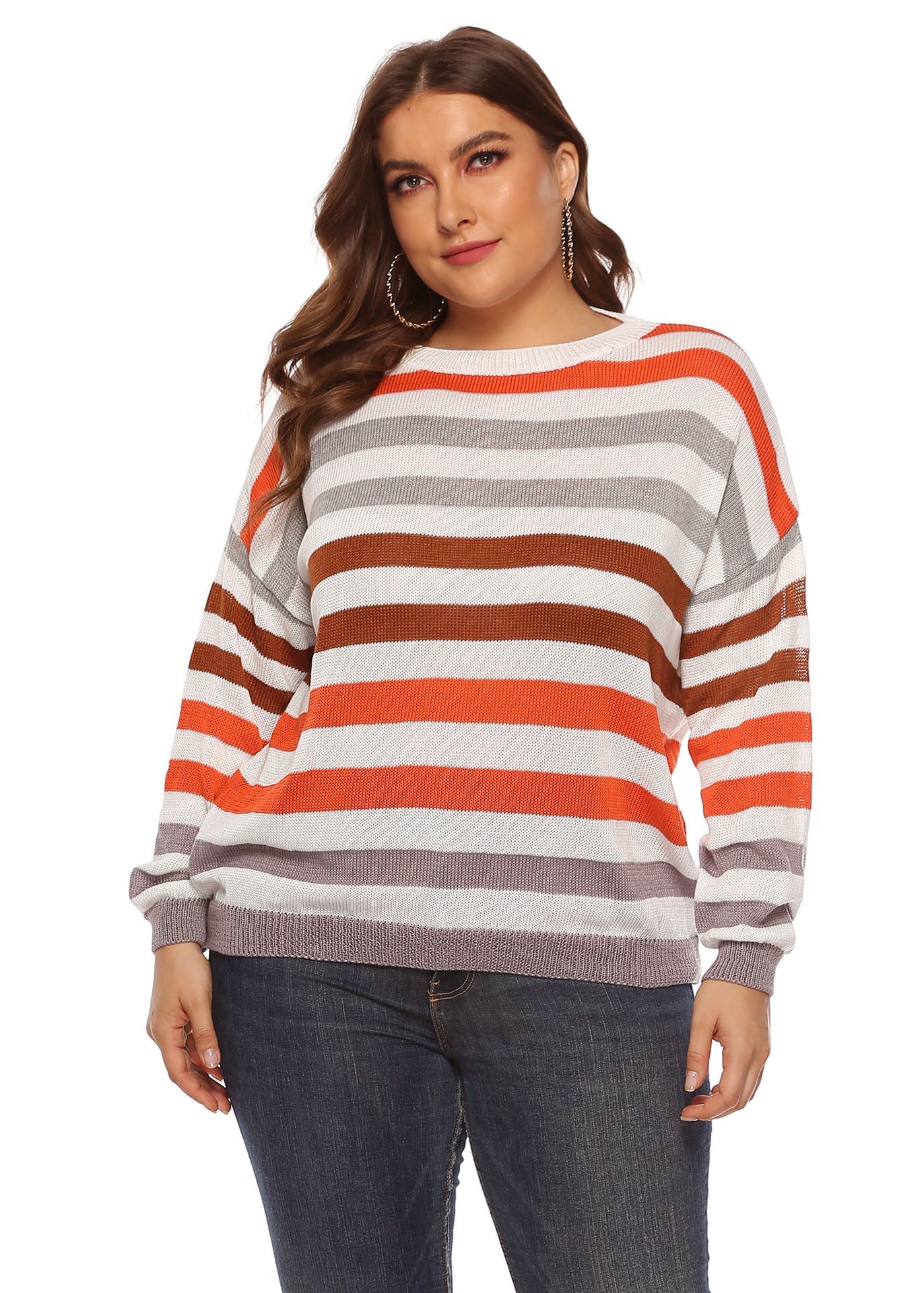 O-neck Striped Patchwork Knit Sweater Long Sleeve