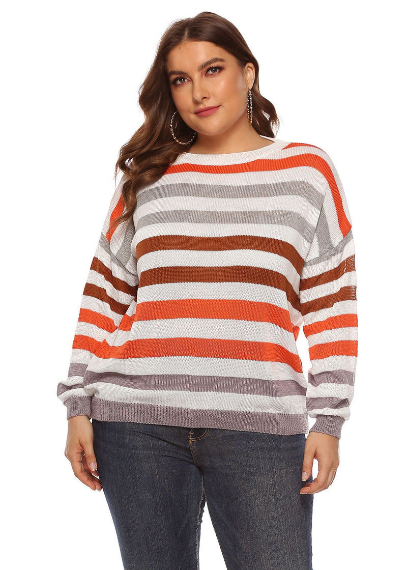 O-neck Striped Patchwork Knit Sweater Long Sleeve