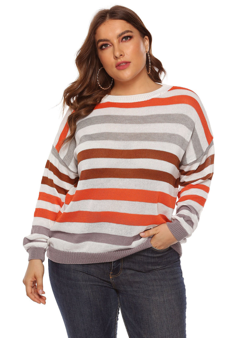 O-neck Striped Patchwork Knit Sweater Long Sleeve